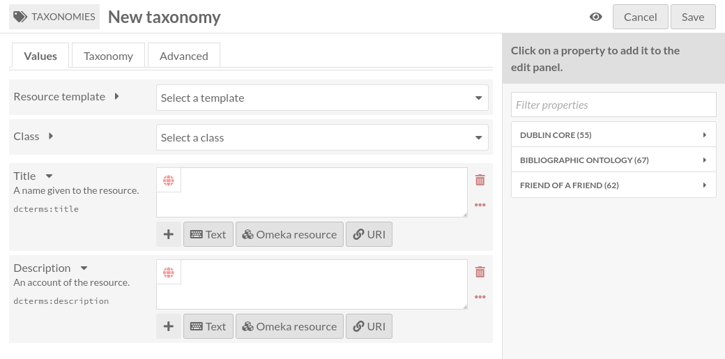 Basic view of add taxonomy page, with no content entered