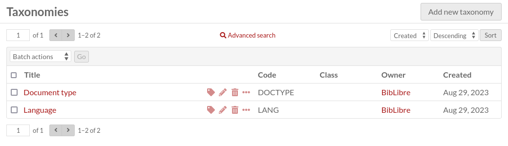 Basic view of admin taxonomies page, showing a handful of taxonomy resources